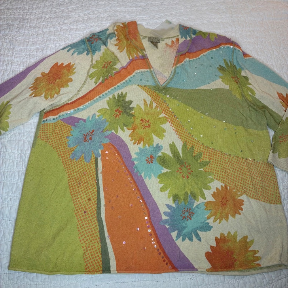 Sigrid Olsen Sport Womens 3X Floral Sequin V-Neck Knit Top 3/4 Sleeve *see notes